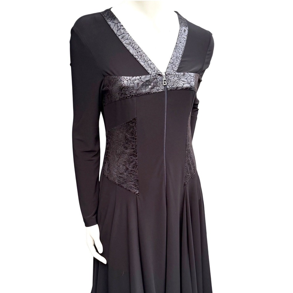 Gumanize Black Midi Dress‎ Zip Front Vneck Gothic Witchy Silver Trim Cybercore M
